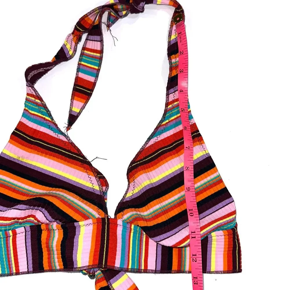 Becca Retro Colorful Striped Triangle Halter Buckle Bikini Swim Set Size Large - Picture 12 of 15